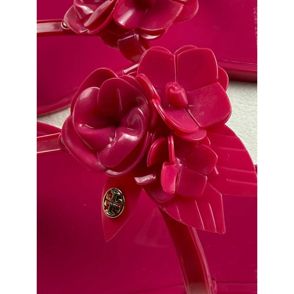 Tory Burch Fuchsia Pink Floral Jelly Thong Sandals Womens 5 Flat Flip Flops Logo